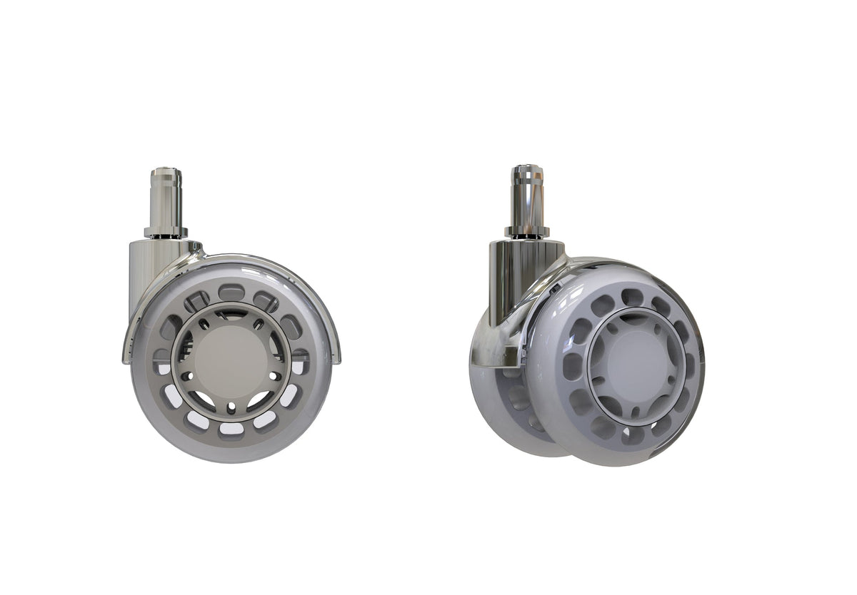 Natural and white OdinLake twin-wheel office chair casters shown from two angles
