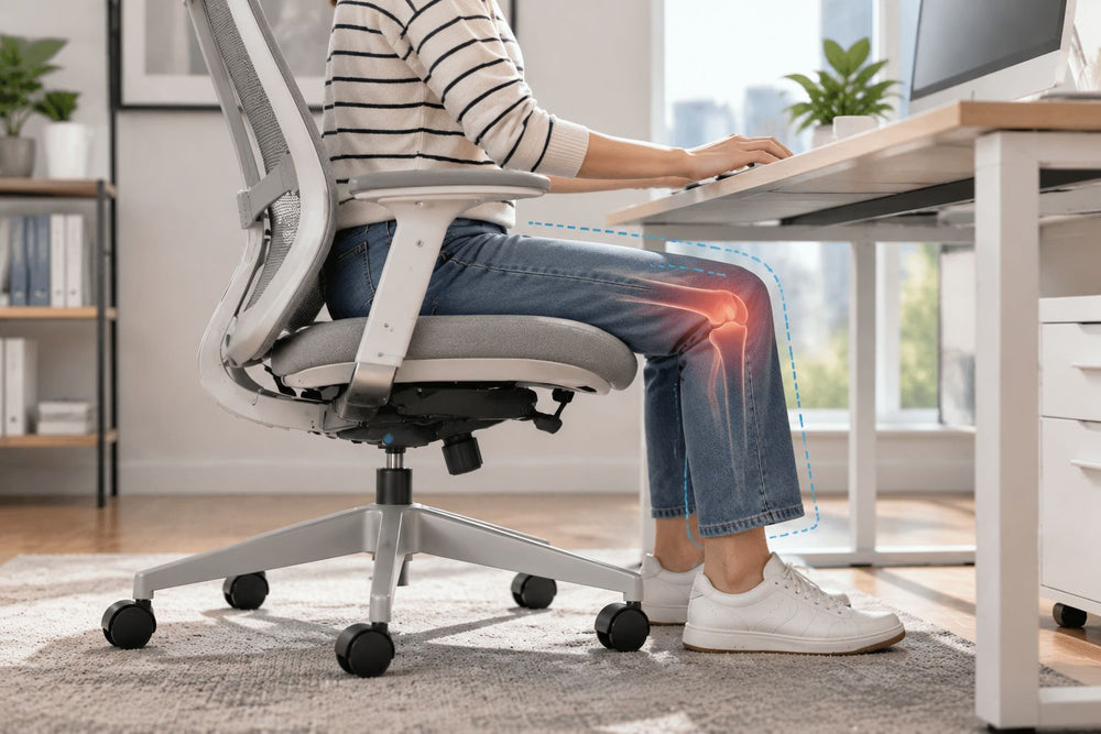 Office chair and desk setup affecting knee comfort