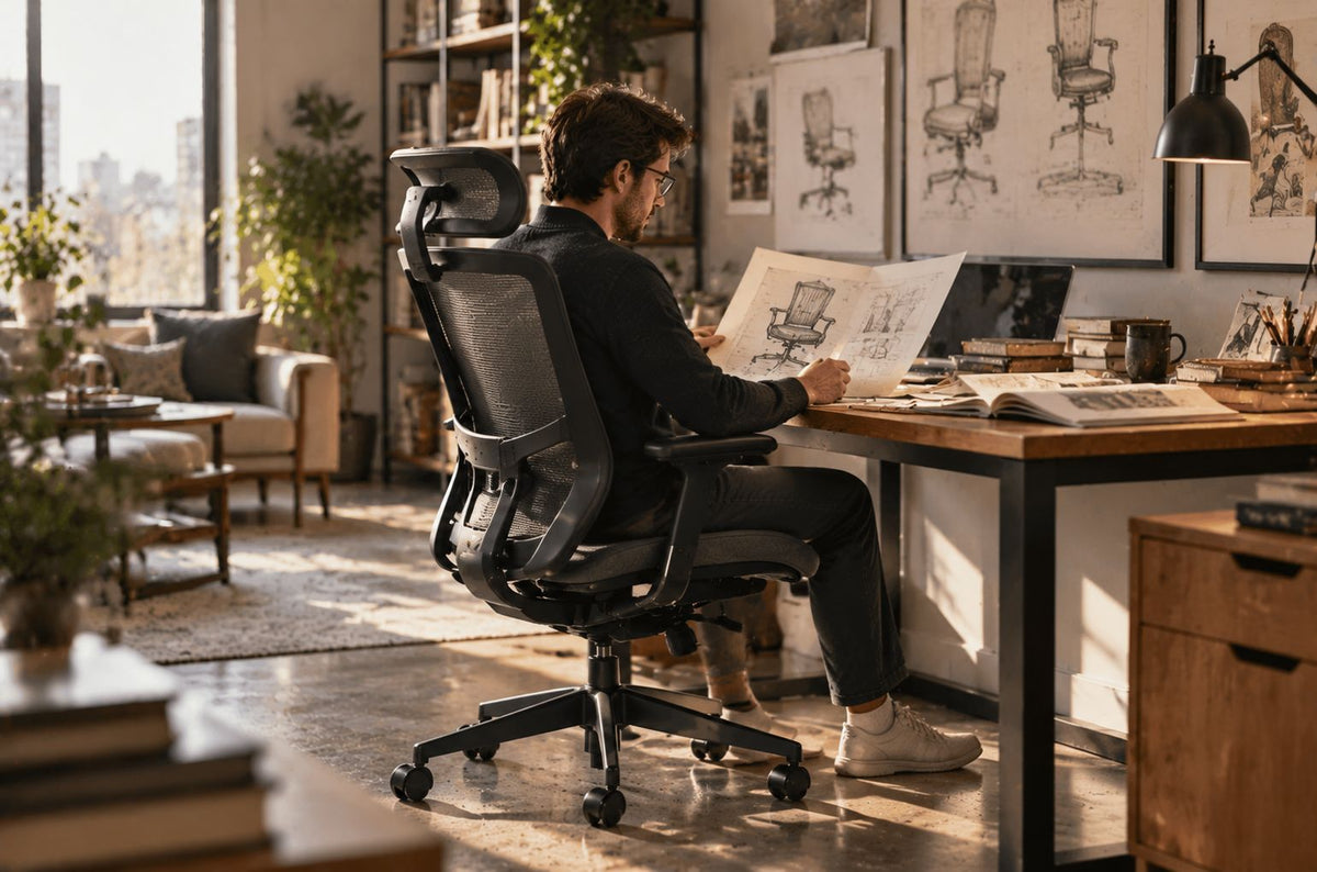 Ergonomic mesh chair beside vintage design sketches