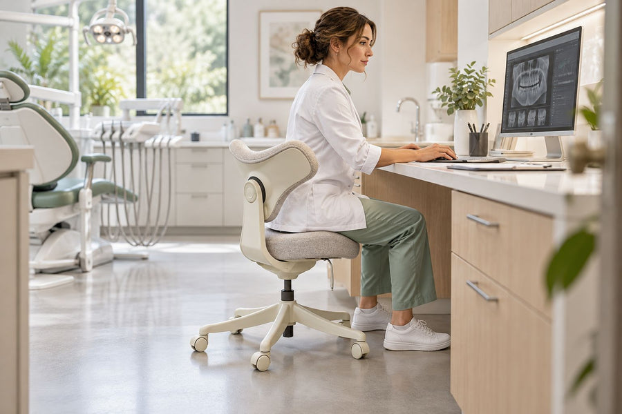 Dentist using an OdinLake C1 saddle chair at a desk