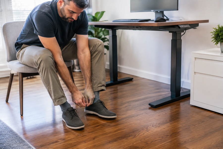 Person tying low-profile lace-up shoes beside a generic height-adjustable desk on a hardwood floor