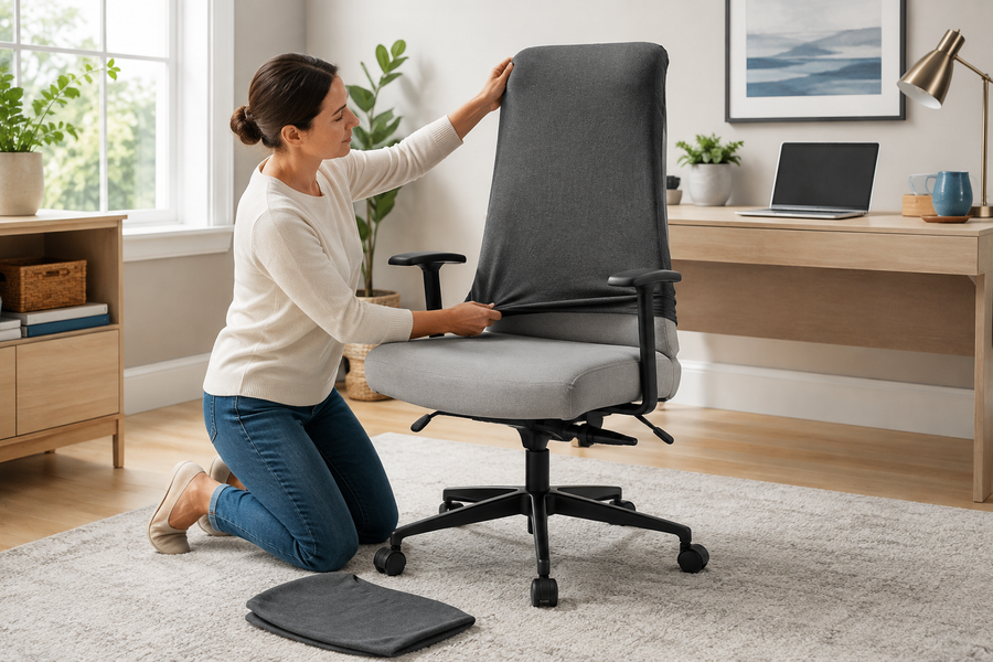 Person fitting a removable charcoal fabric cover over a generic office chair backrest