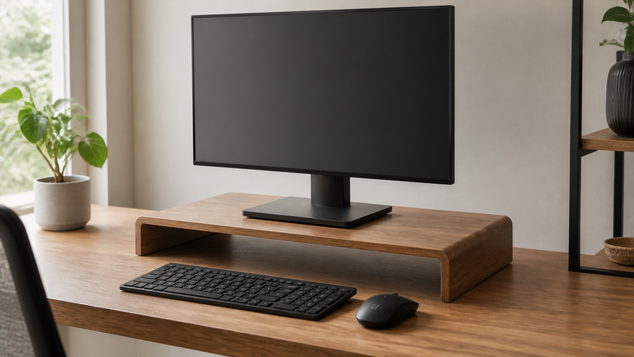 Desktop monitor resting on a wide wooden riser with its full base supported