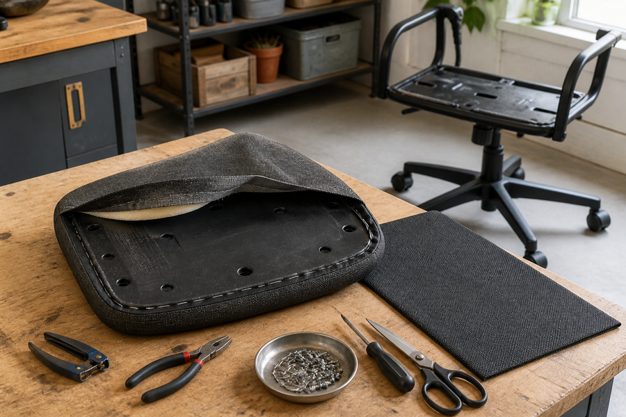 Removable upholstered office chair seat panel on a workbench with replacement fabric and hand tools