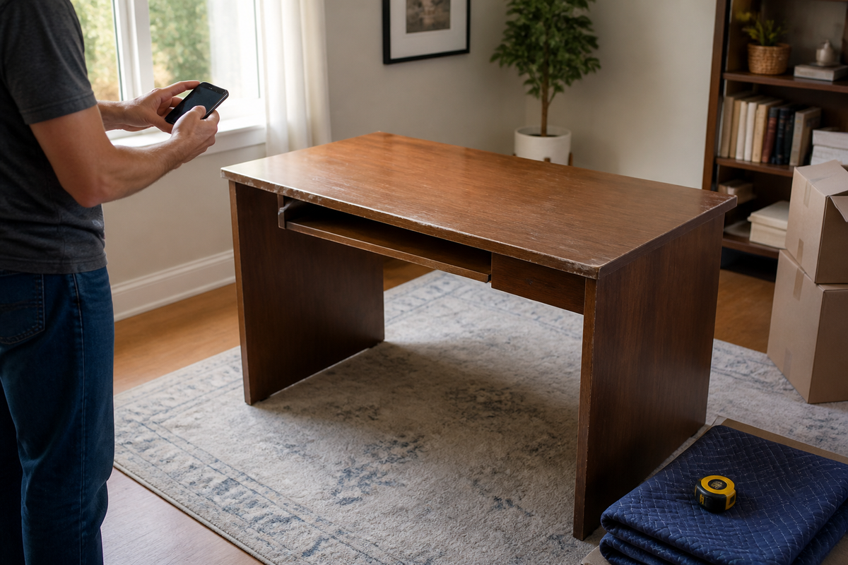 Person photographing a clean used computer desk before offering it for sale or donation