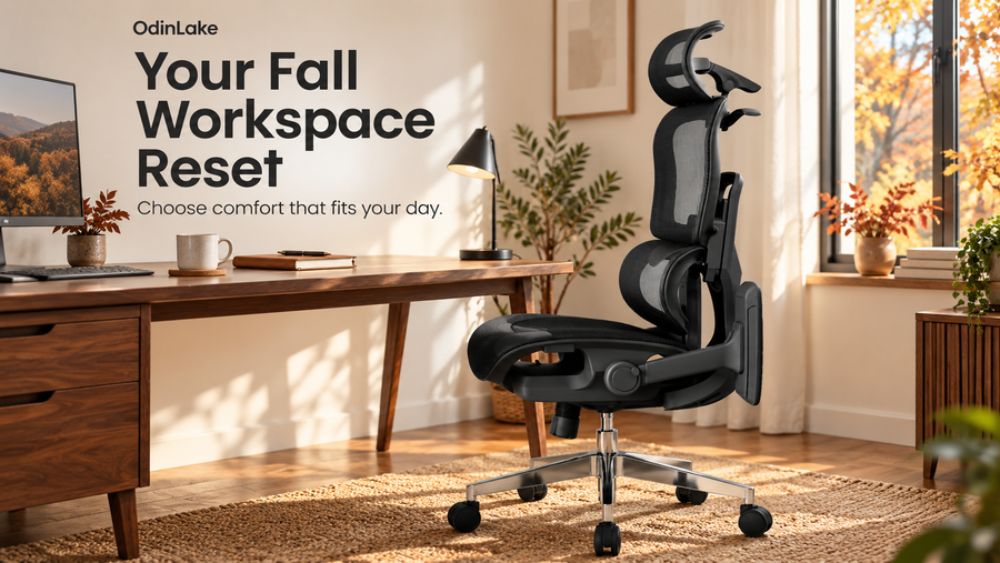 OdinLake L3 black mesh ergonomic chair beside a walnut desk in a sunlit autumn home office, with the headline Your Fall Workspace Reset.