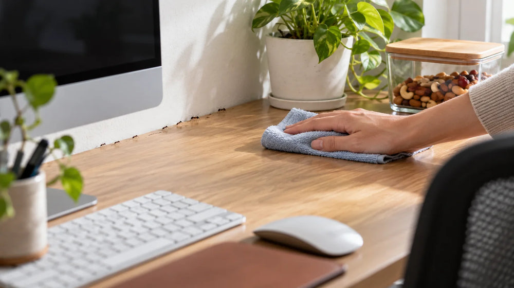 Cleaning an ant trail safely from a computer desk