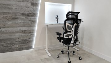 Person sitting comfortably in an OdinLake ergonomic chair at a modern home office desk