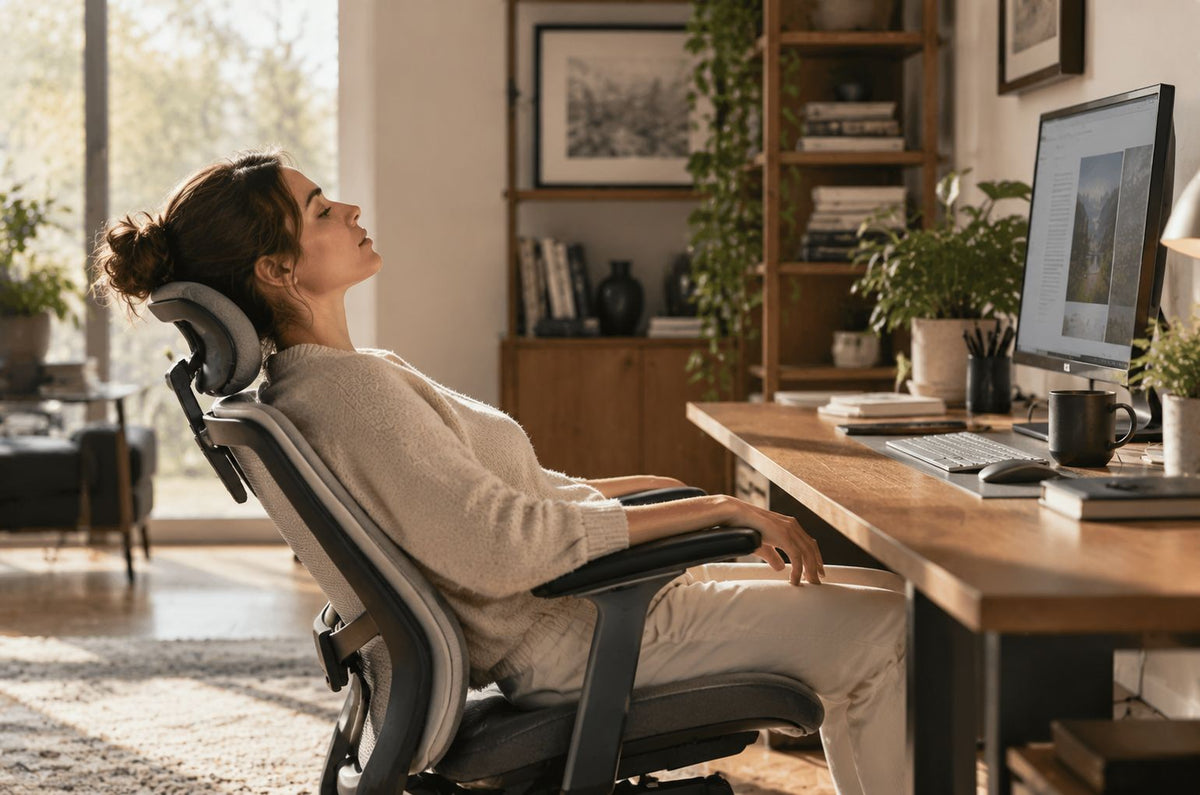Woman reclining in an ergonomic office chair with headrest