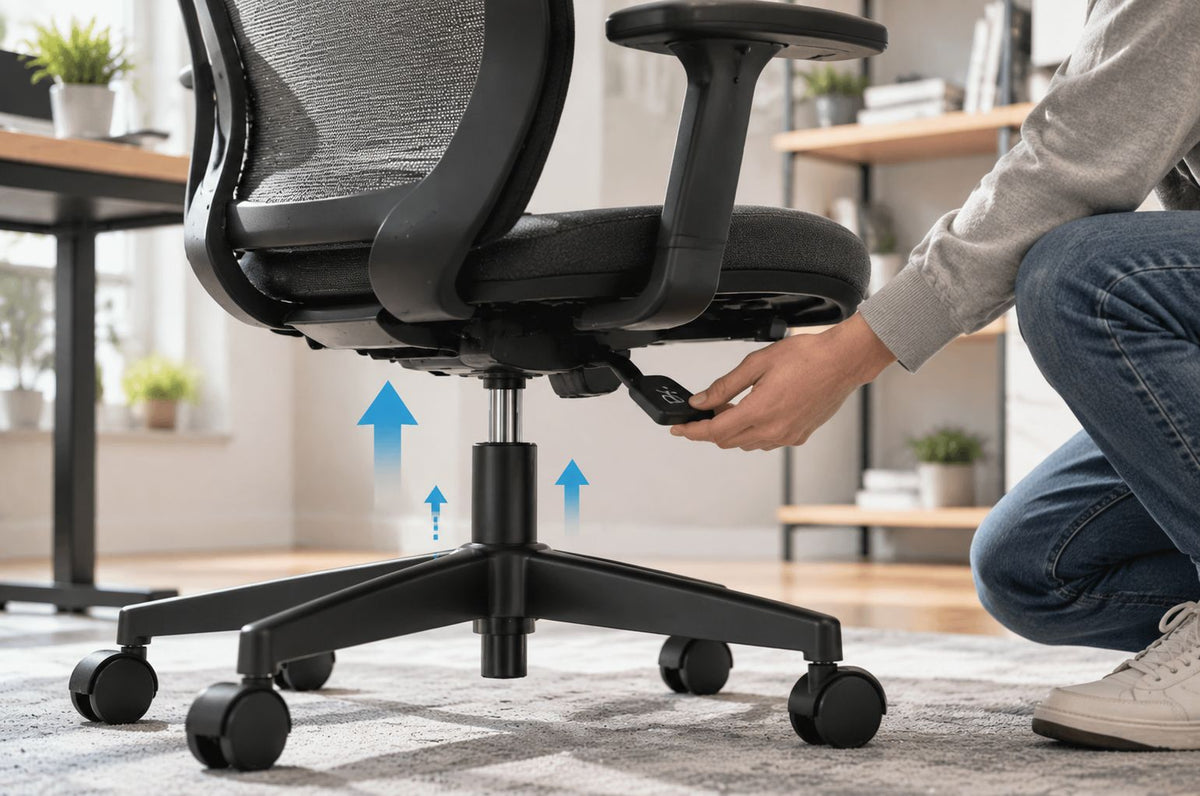 Man checking an ergonomic office chair height lever