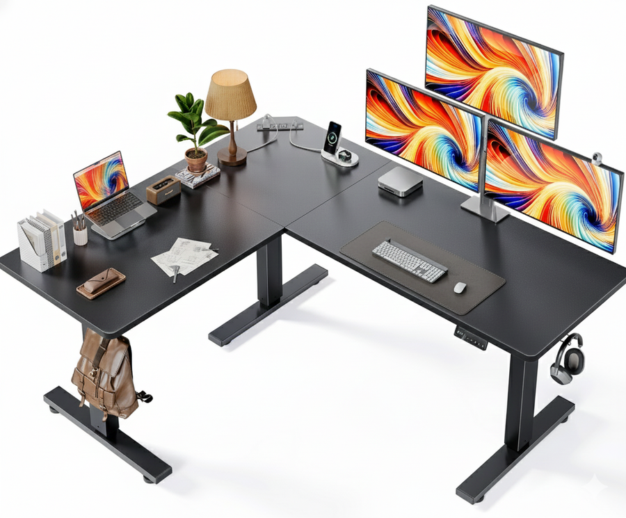 OdinLake L-shaped standing desk arranged with a primary keyboard zone, multiple monitors, and a secondary work surface