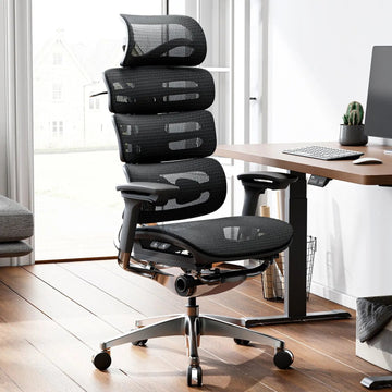OdinLake O2 office chair beside a standing desk with the center gas cylinder visible