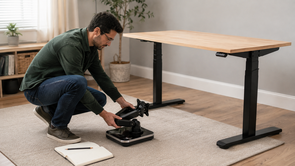 Person weighing a removable monitor arm beside a cleared standing desk