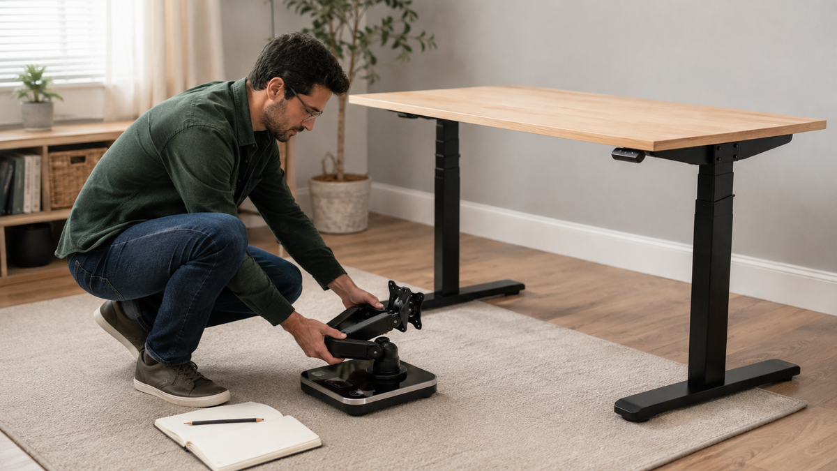 Person weighing a removable monitor arm beside a cleared standing desk