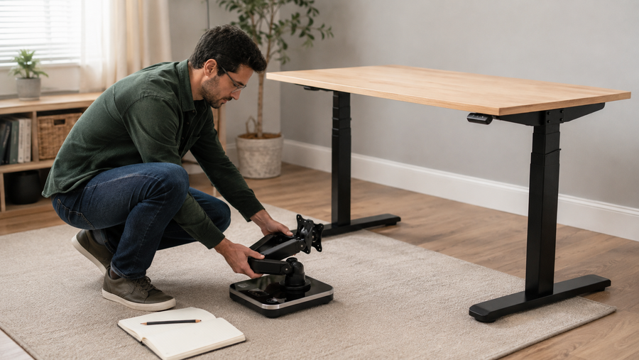 Person weighing a removable monitor arm beside a cleared standing desk