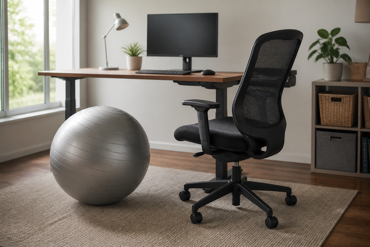 Exercise ball beside an adjustable office chair at a home computer desk