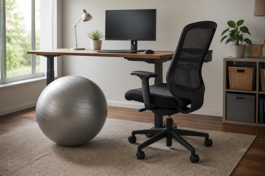 Exercise ball beside an adjustable office chair at a home computer desk