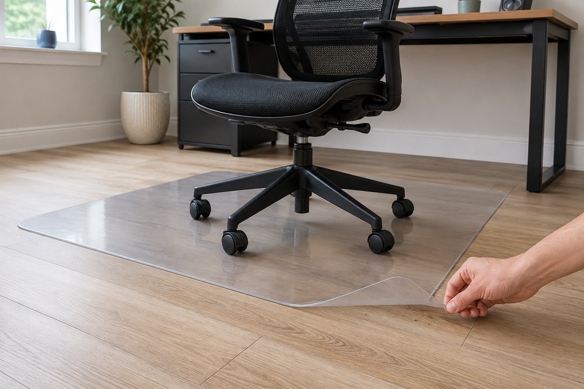 Five-caster office chair on a clear smooth-backed mat over vinyl plank flooring while one corner is checked for debris