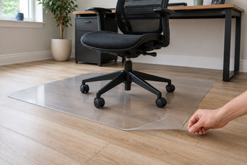 Five-caster office chair on a clear smooth-backed mat over vinyl plank flooring while one corner is checked for debris
