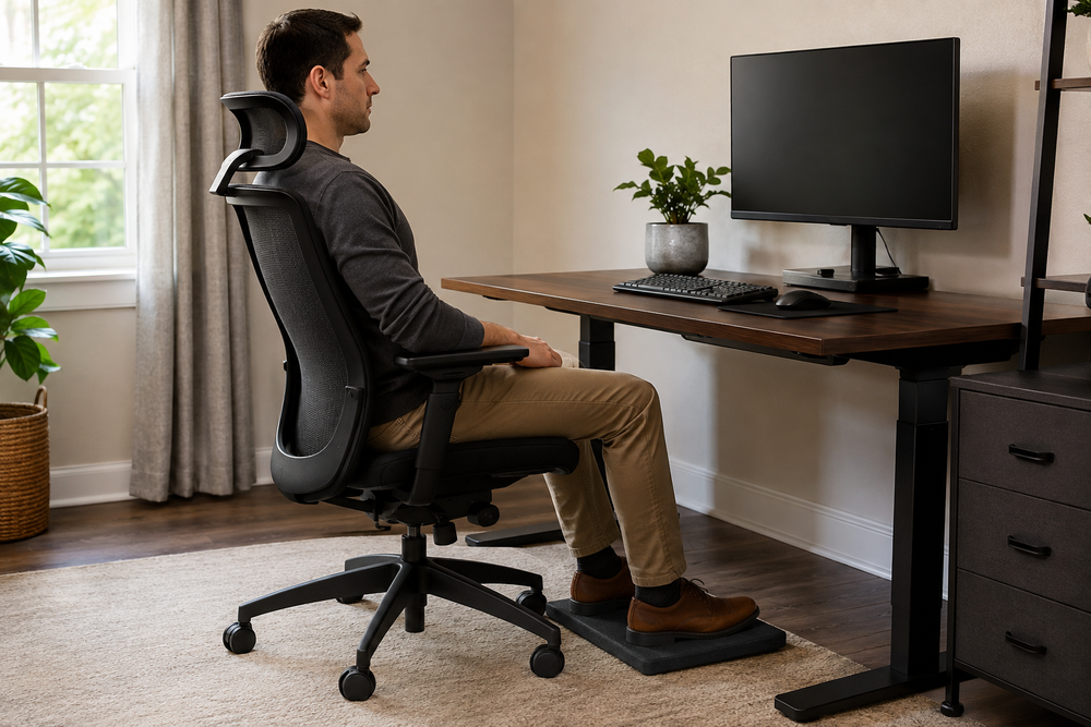 Adult seated fully back in a generic office chair with both feet supported on a footrest