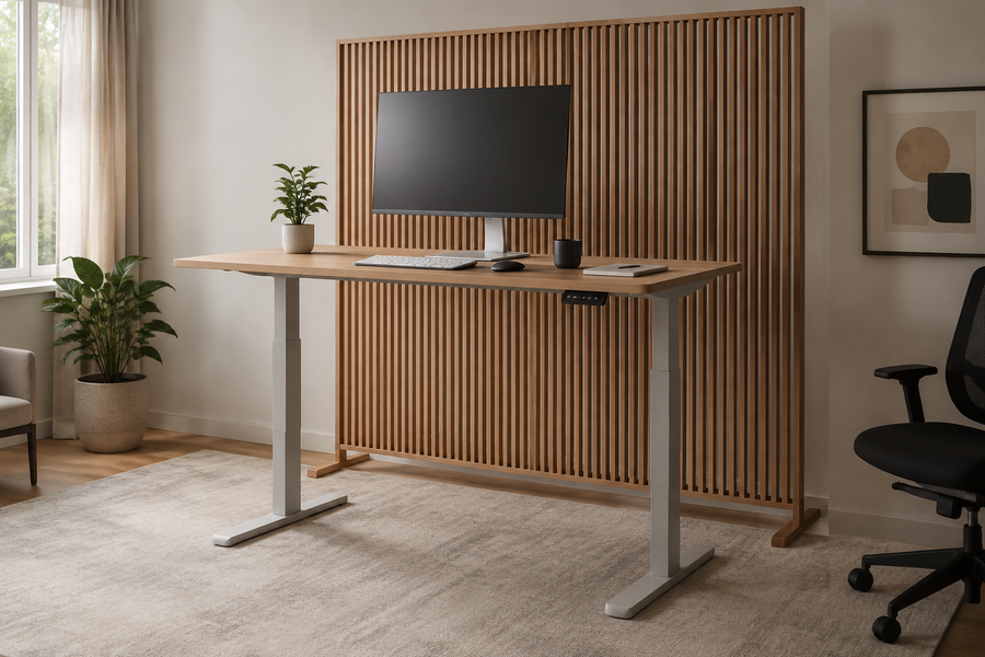Standing desk in front of a freestanding wood slat screen with clear space around the legs and feet