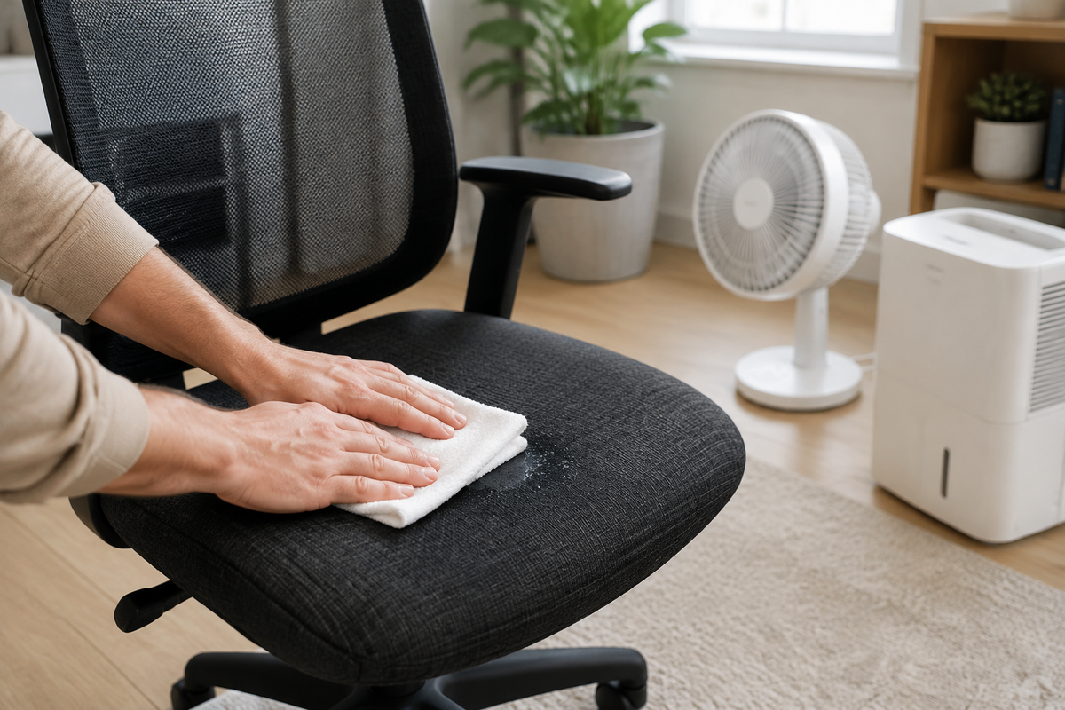 Hands pressing a white towel on a wet office chair seat with a fan and dehumidifier nearby