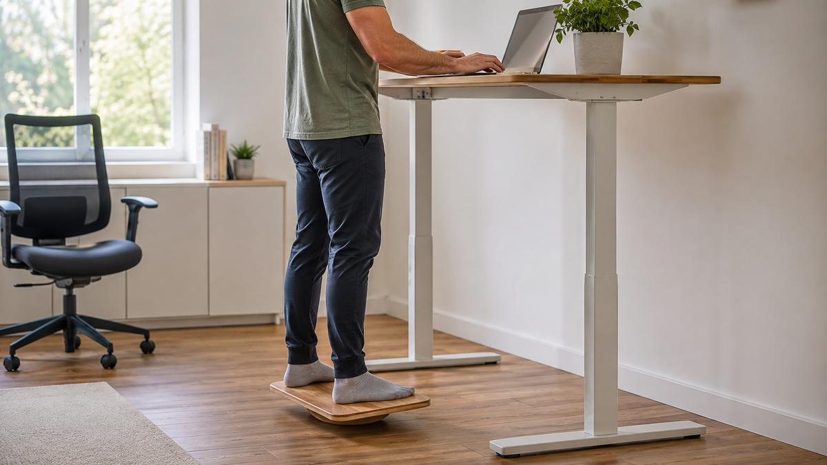 Person typing at a height-adjustable desk while standing on a low-profile wooden balance board