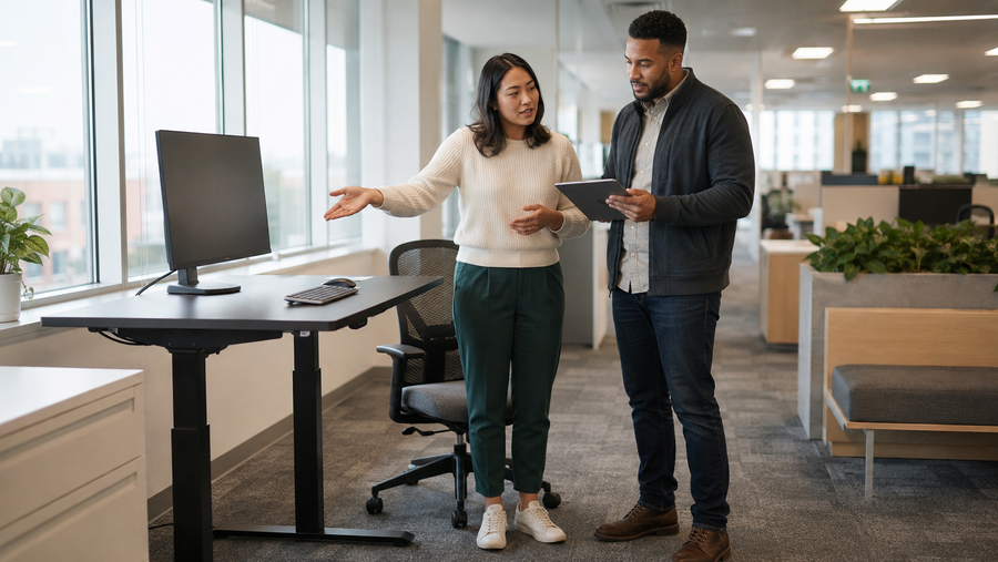 Two coworkers reviewing a workstation request beside a height-adjustable desk