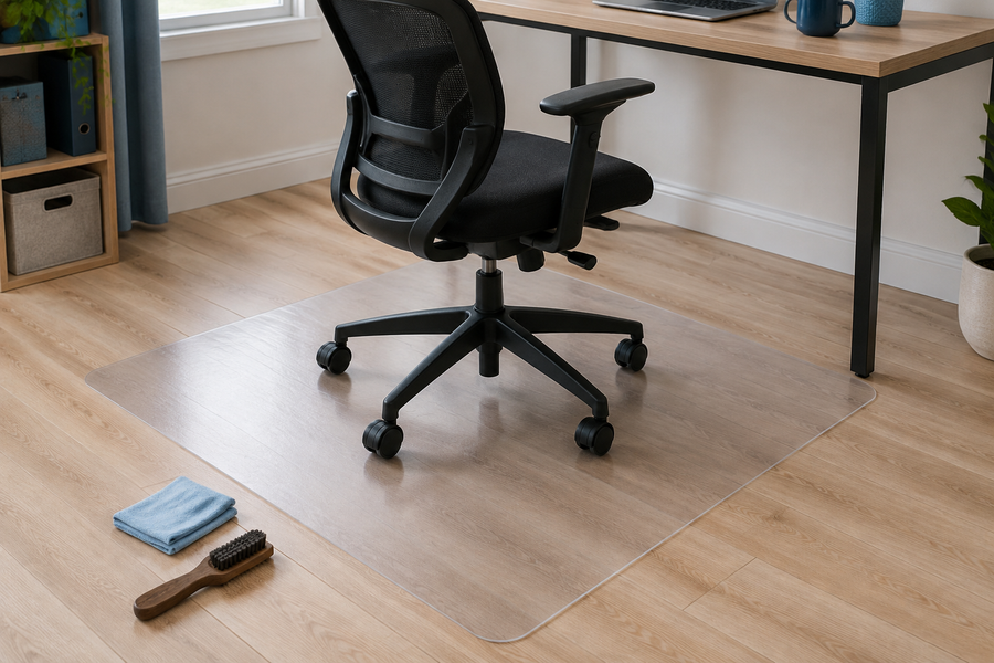 Generic black office chair with five casters on a clear hard-floor mat over pale laminate planks